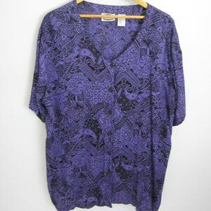 Vtg Separate Issue Woman Plus 24W Purple Black Floral SS Rayon Shirt V Neck 54"
